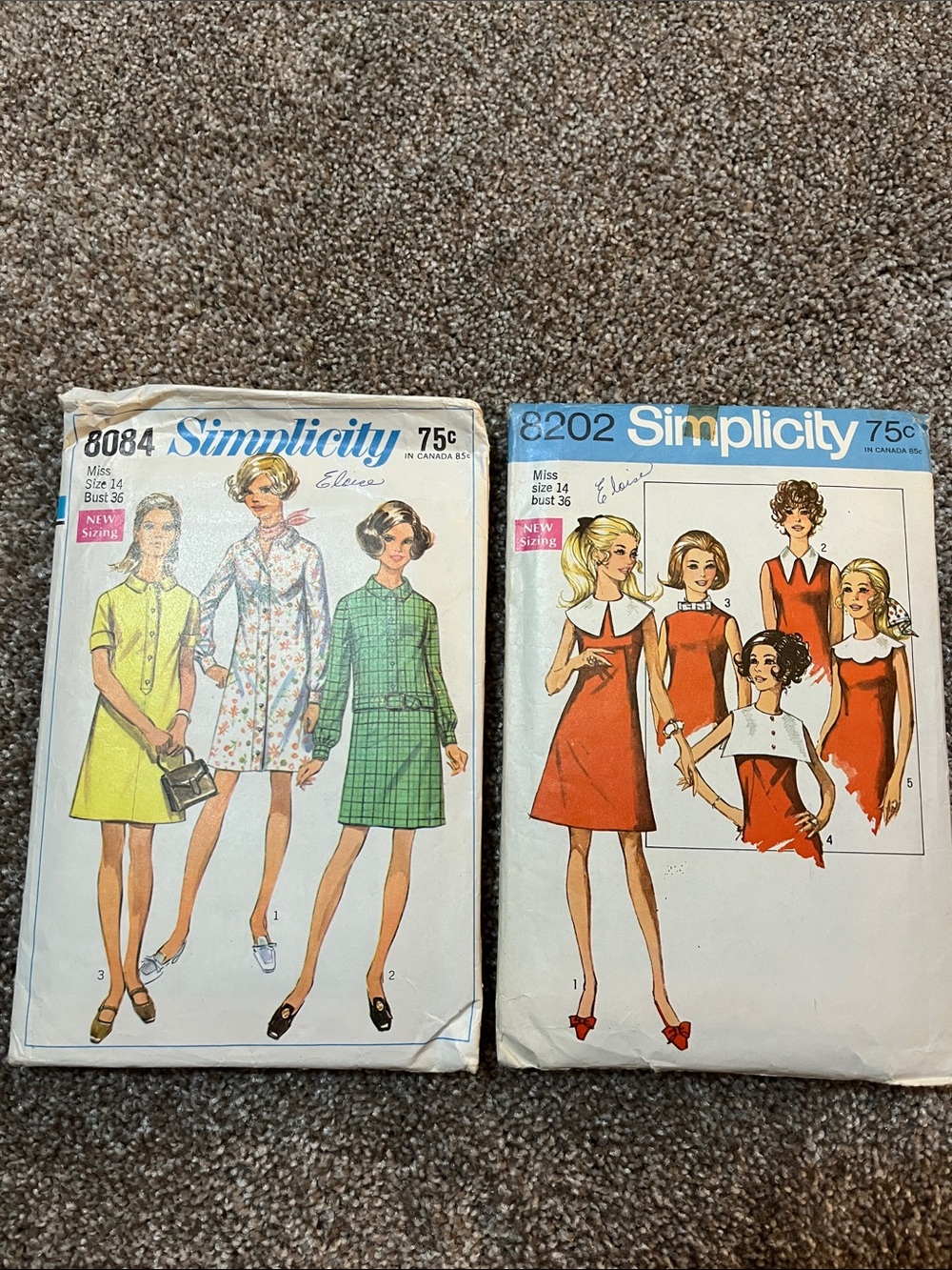 Simplicity Pattern Pair Featuring Yellow, Green and Red Dress Illustrations